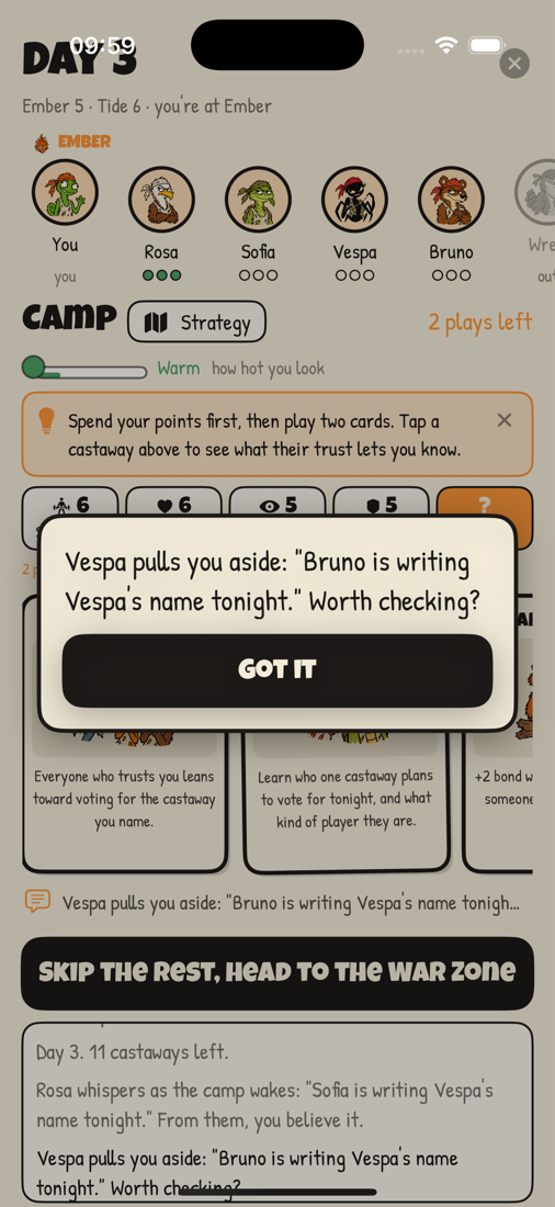 A camp day: your camp's qualities and the two cards you can play.