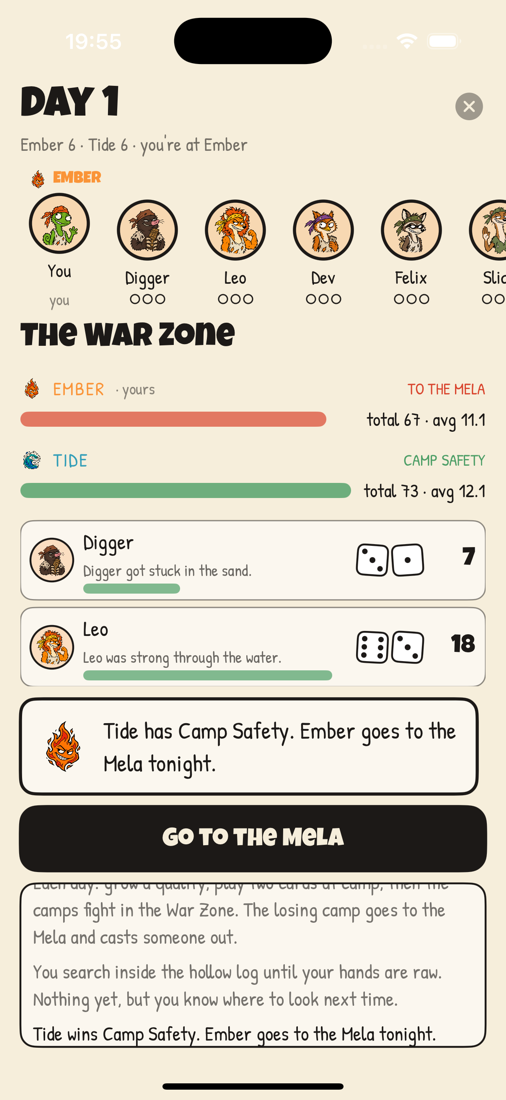 The War Zone reveal: dice for every castaway, and Camp Safety for the winning camp.